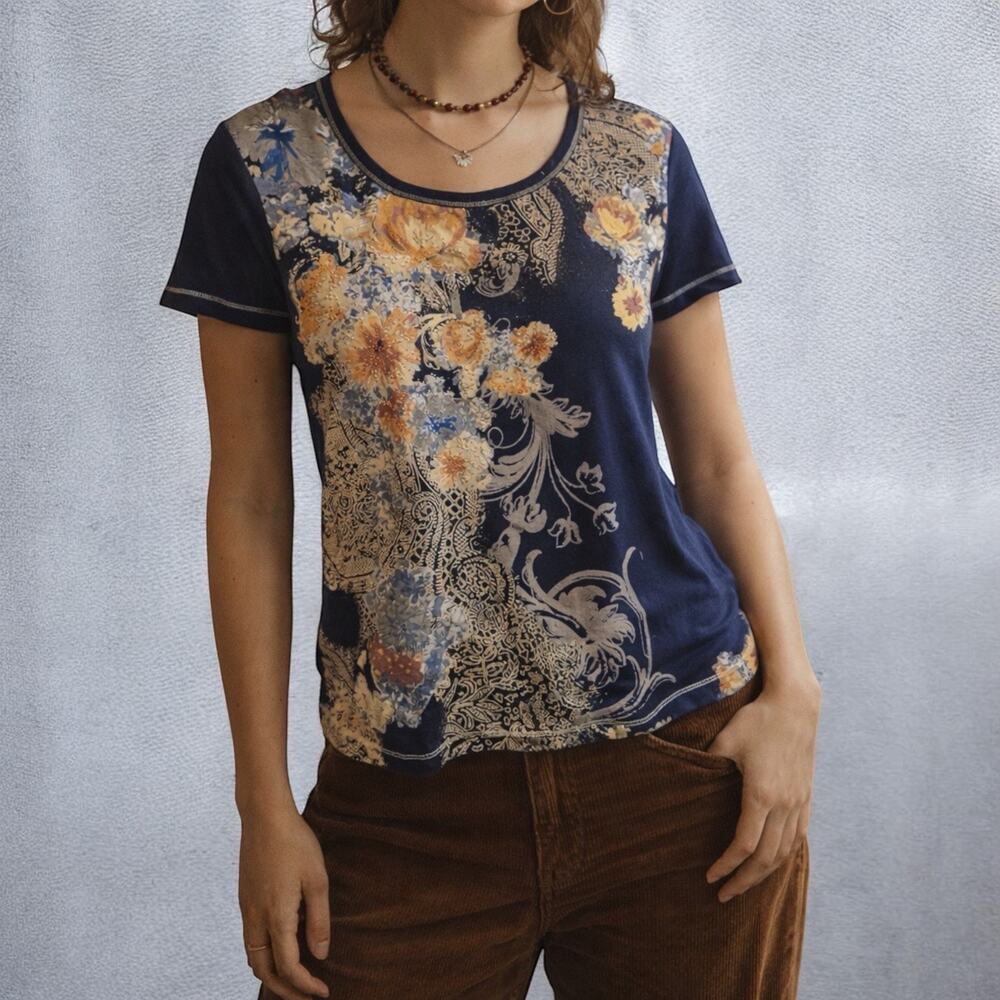 Christopher & Banks Floral Rhinestone Paisley Top Blue Cotton Tee Small